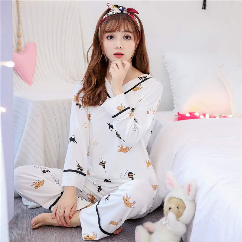Bộ đồ ngủ nữ mùa xuân và mùa thu tay dài Cotton ngọt ngào dễ thương Hàn Quốc Bộ đồ đội đầu - Bộ Pajama đồ bộ thun lạnh