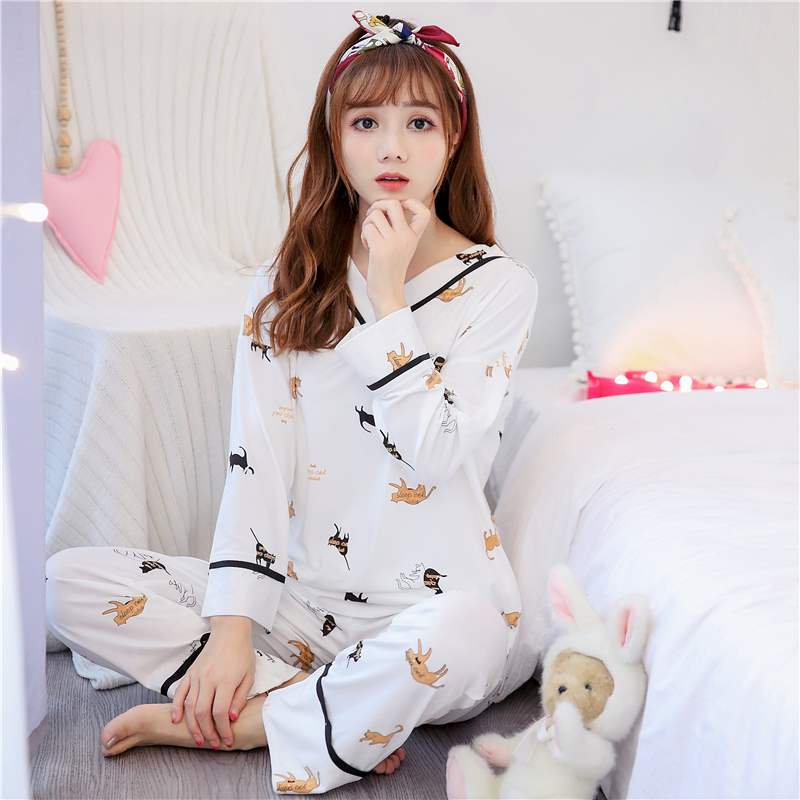 Bộ đồ ngủ nữ mùa xuân và mùa thu tay dài Cotton ngọt ngào dễ thương Hàn Quốc Bộ đồ đội đầu - Bộ Pajama bộ đồ ngủ 2 dây