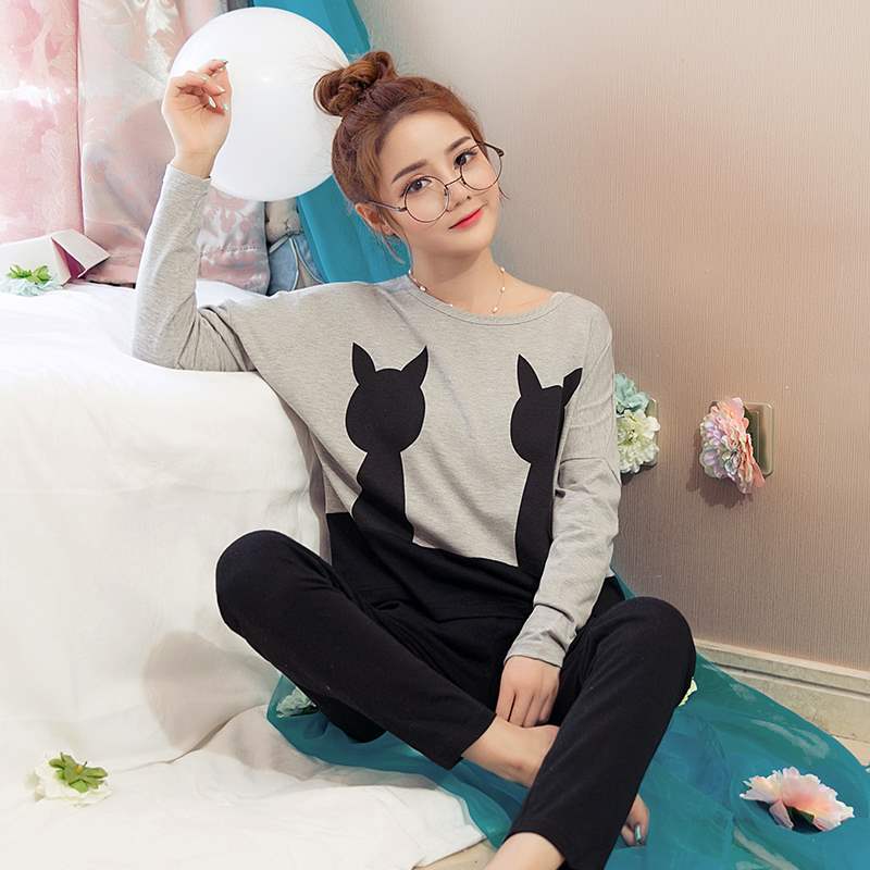 Bộ đồ ngủ nữ mùa xuân và mùa thu tay dài Cotton ngọt ngào dễ thương Hàn Quốc Bộ đồ đội đầu - Bộ Pajama đồ bộ thun lạnh