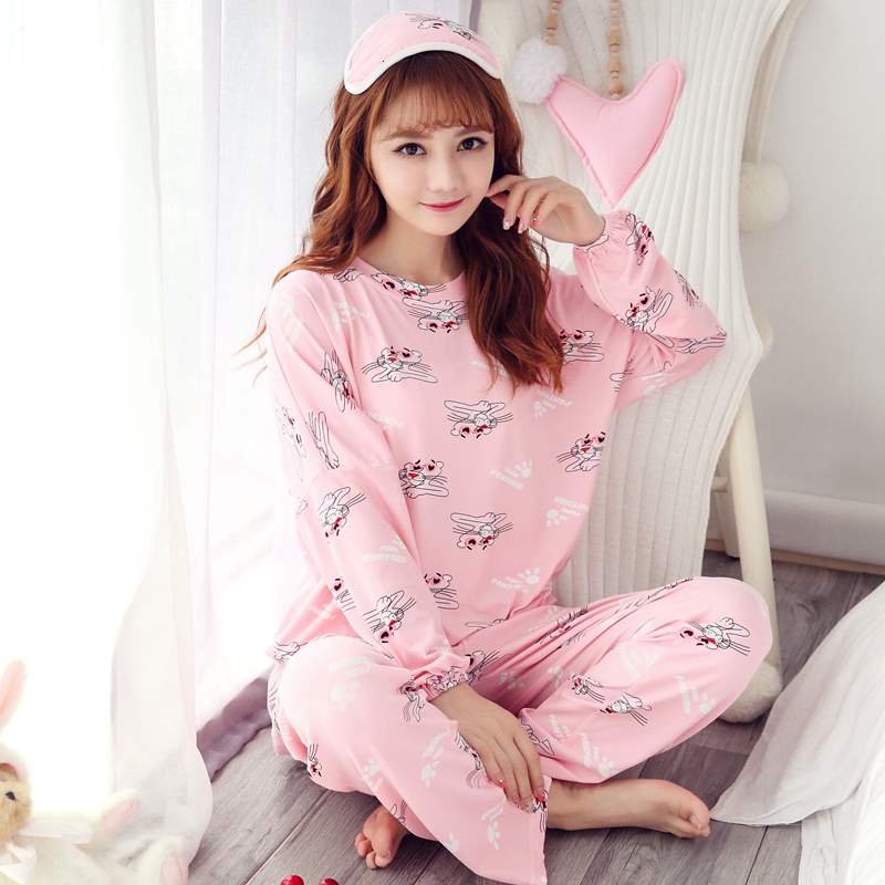 Bộ đồ ngủ nữ mùa xuân và mùa thu tay dài Cotton ngọt ngào dễ thương Hàn Quốc Bộ đồ đội đầu - Bộ Pajama bộ đồ ngủ 2 dây