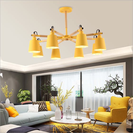 Nordic Macaron Living Room Chandelier, Modern Minimalist Solid Wood Bedroom Chandelier, Creative Japanese-Style Gray Wood Art Dining Room Lamp