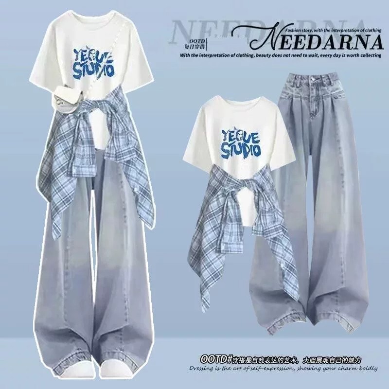 High School Student Summer Outfit Set for Women, New Style for Junior High School Students, Shirt, Half-Sleeved T-Shirt, Summer Jeans Three-Piece Set Ins