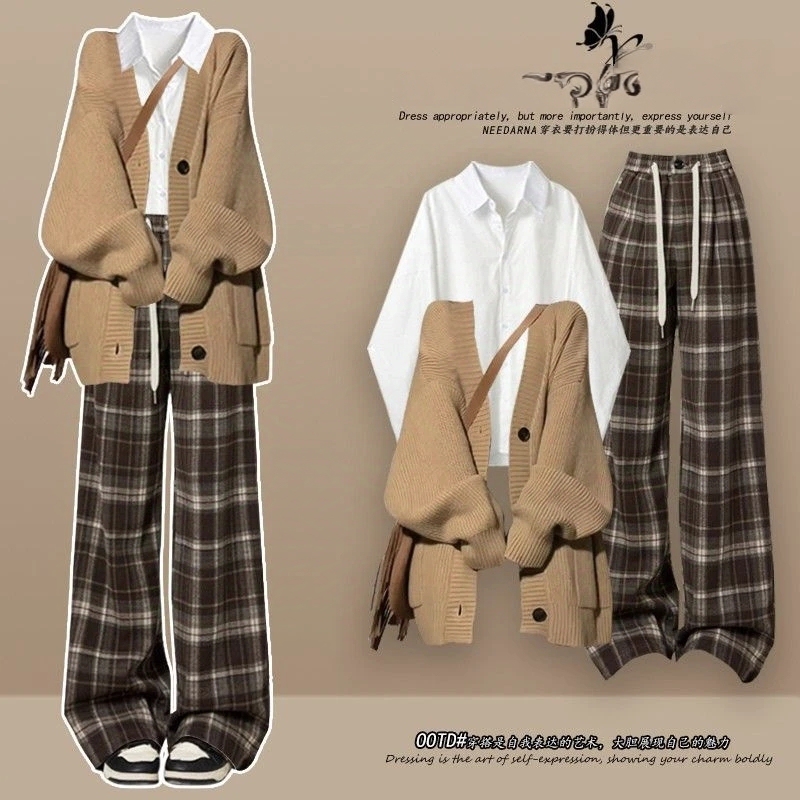 College Style Early Autumn Beautiful Korean-Style Small Suit for Girls, Autumn and Winter Junior High School Student Sweater Jacket, Shirt, Plaid Pants Three-Piece Set College Style Early Autumn Beautiful Korean-Style Small Suit for Girls, Autumn and Winter Junior High School Student Sweater Jacket, Shirt, Plaid Pants Three-Piece Set