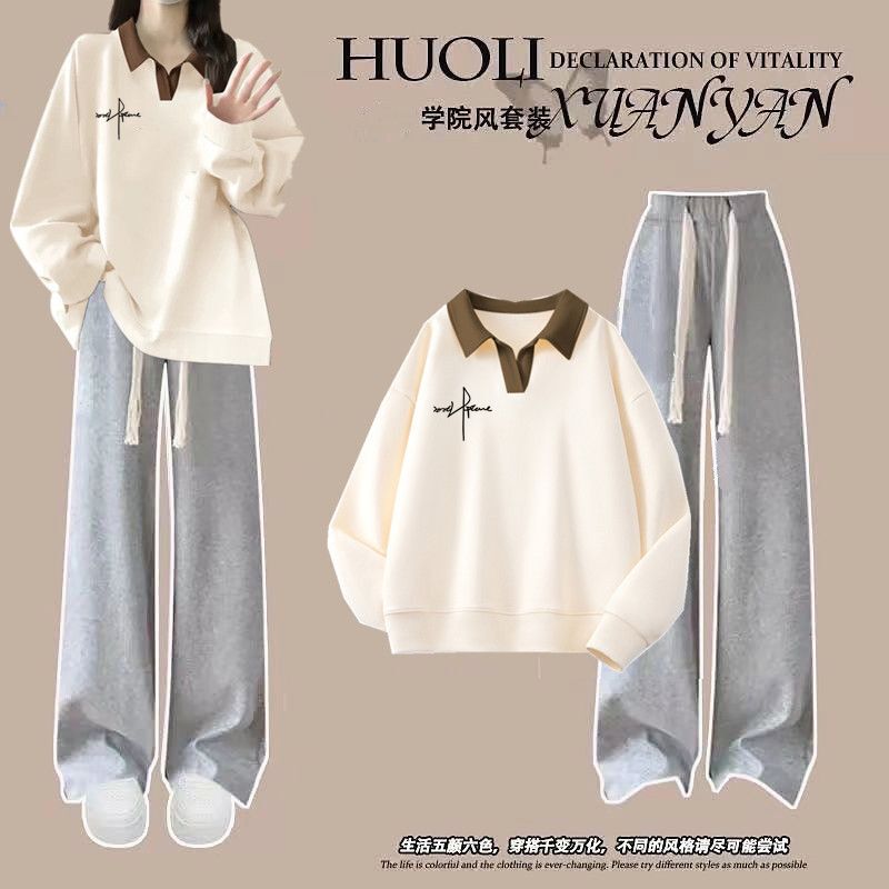 Autumn Outfit College Style Set for Female Junior High School Students: Polo Collar Long-Sleeve Sweatshirt + Casual Pants, Complete Korean-Style Set for Women Autumn Outfit College Style Set for Female Junior High School Students: Polo Collar Long-Sleeve Sweatshirt + Casual Pants, Complete Korean-Style Set for Women