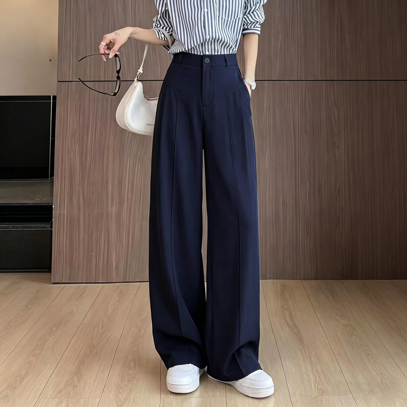 Navy Blue Linen Suit Wide-Leg Pants for Women, New Summer Style, Plus Size, High-End Feel, Slimming, Drapey, Straight-Leg, Floor-Length Pants