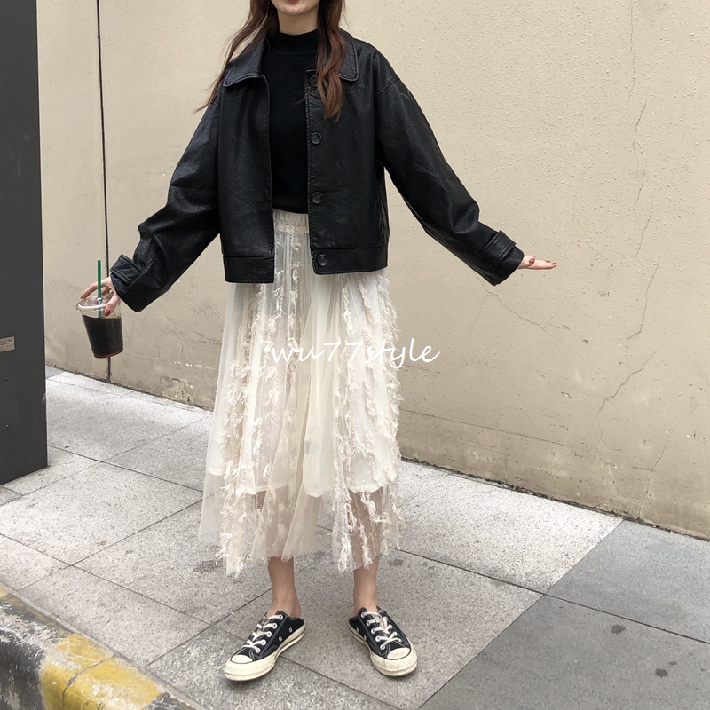 U 77 Nàng tiên Hàn dưới eo cao là quần thun thun eo mềm mại màu bông tuyết tua rua Jacquard Một chiếc váy xòe chữ chân váy công sở cao cấp