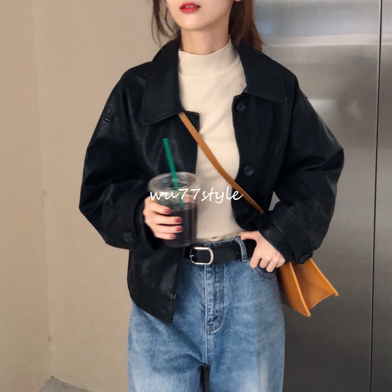U77 Korea Cool đẹp trai áo khoác da màu đen Áo khoác lửng có khóa xiên túi dài tay áo xe máy nữ áo da dê