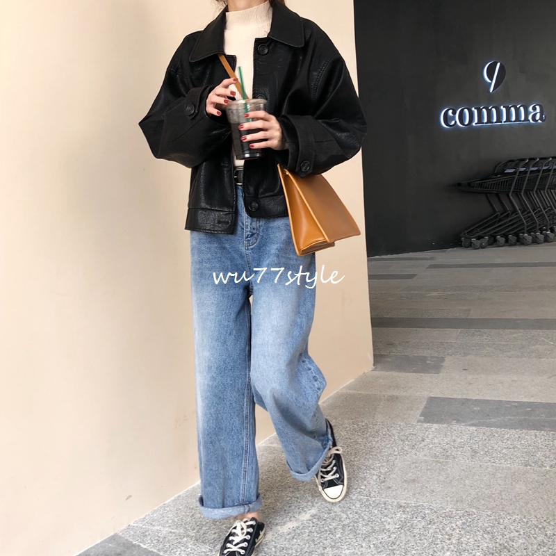 U77 Korea Cool đẹp trai áo khoác da màu đen Áo khoác lửng có khóa xiên túi dài tay áo xe máy nữ áo da dê