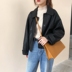 U77 Korea Cool đẹp trai áo khoác da màu đen Áo khoác lửng có khóa xiên túi dài tay áo xe máy nữ áo da dê Quần áo da