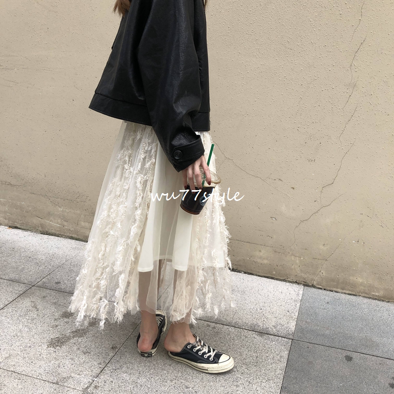 U 77 Nàng tiên Hàn dưới eo cao là quần thun thun eo mềm mại màu bông tuyết tua rua Jacquard Một chiếc váy xòe chữ chân váy công sở cao cấp