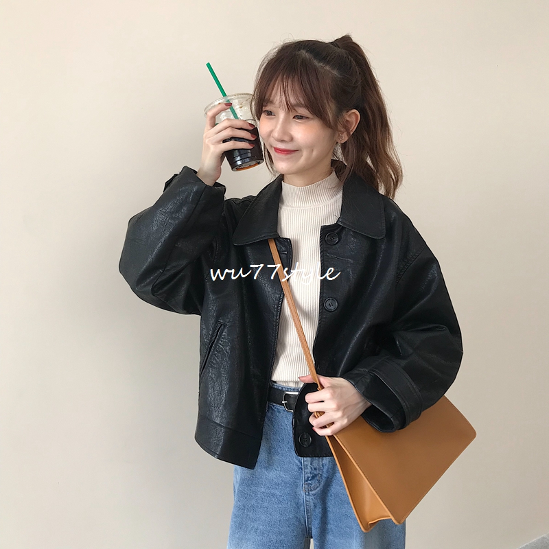 U77 Korea Cool đẹp trai áo khoác da màu đen Áo khoác lửng có khóa xiên túi dài tay áo xe máy nữ áo da dê
