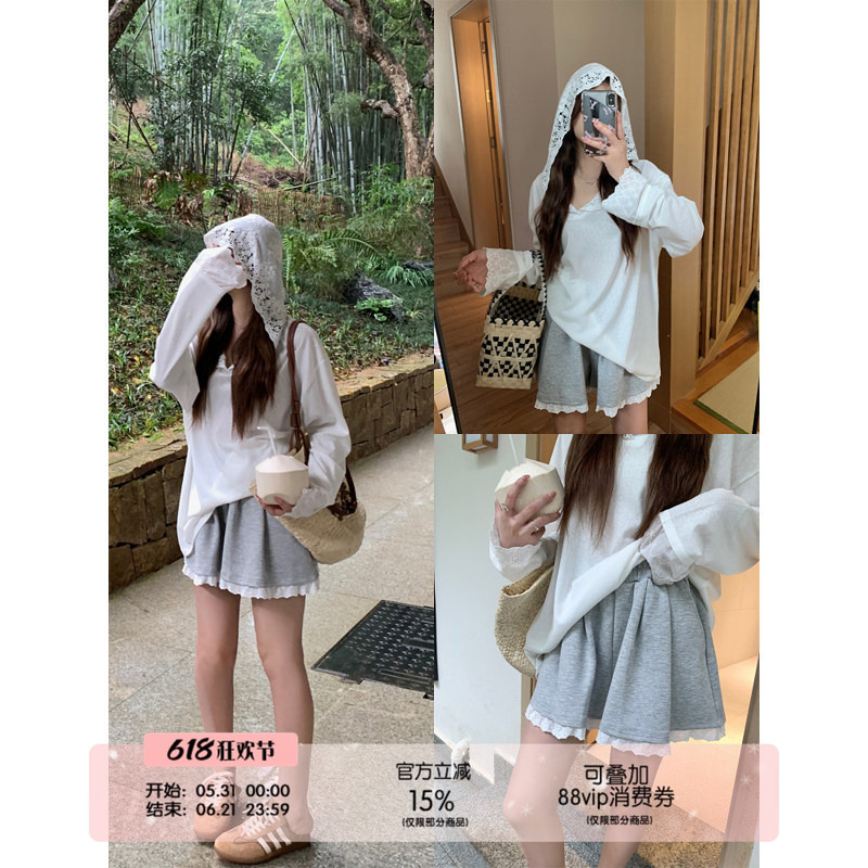 U77 Petite Lace Trim Casual Shorts for Women, Loose Fit, Versatile, Elastic High-Waisted Wide-Leg Pants for Autumn