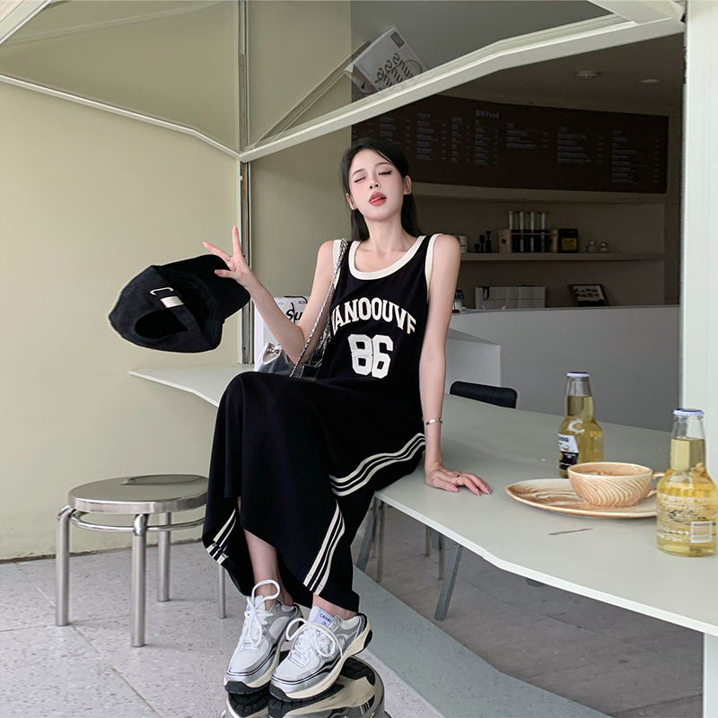 Korean Style Round Neck Slim Long Dress with Letter Print Sleeveless Vest Women's Summer Casual Over-The-Knee Long Dress Vest Dress