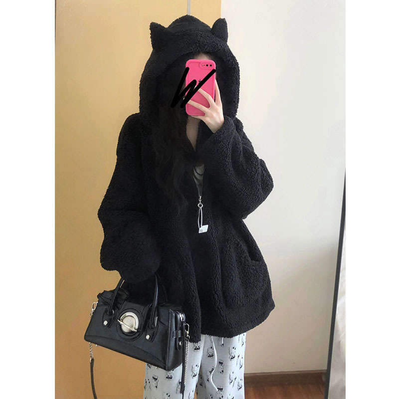 American Retro Lamb Wool Ear Hooded Sweatshirt for Women in Autumn and Winter, Loose and Lazy Style, Fleece-Lined and Thickeneded Half-Zip Jacket