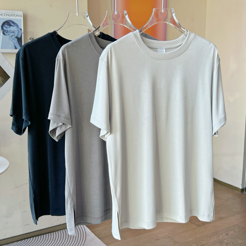 Lu's Drapey Soft Modal Quick-Drying Sun-Protective Round-Neck Loose Mask T-Shirt Short-Sleeve Slit Top