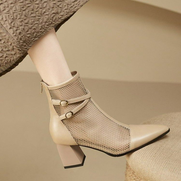 Genuine Leather Hollow Sandals for Women, Breathable Mesh Spring and Autumn Short Boots, High Heels, Thick Heels, Paired with Skirts, Pointed Toe, Summer Elegant Mesh Boots for Women Genuine Leather Hollow Sandals for Women, Breathable Mesh Spring and Autumn Short Boots, High Heels, Thick Heels, Paired with Skirts, Pointed Toe, Summer Elegant Mesh Boots for Women