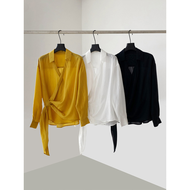 Theirs Yellow Cross V-Neck Long-Sleeve Shirt with Tie, Loose-Fitting, Stylish and Chic Versatile Top