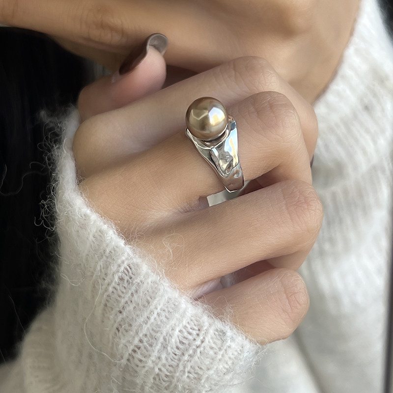 Fang Sugar Home Maillard Autumn Winter Pearl pure silver crewy wide version of the ring lukewarm senior feel light and luxurious crowdring-Taobao