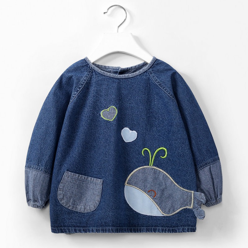 Denim infant and toddler cartoon style girls' bibs worn backwards