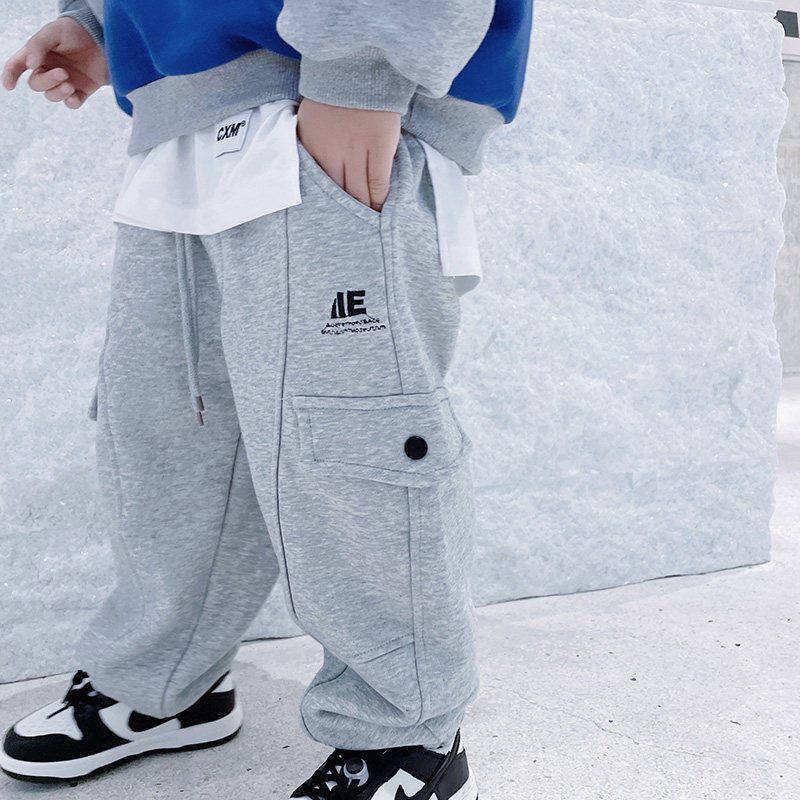 2021 new winter clothing children's fleece pants Korean version tide letter embroidery overalls sweatpants boys casual sports pants