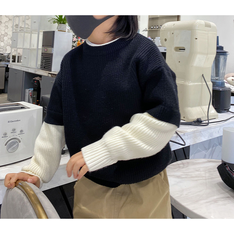 2022 winter new exclusive custom boys fake two-piece round neck sweater Original self-made Korean sweater foreign style