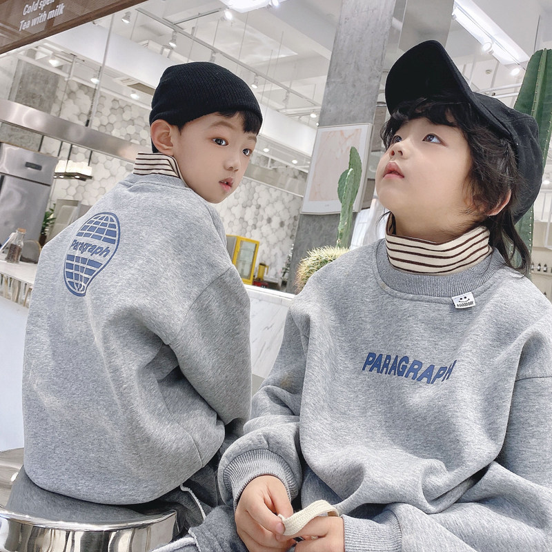 2022 winter new product Korean boy plus fleece fake 2 pieces turtleneck sweater children's striped double collar plus fleece sweater