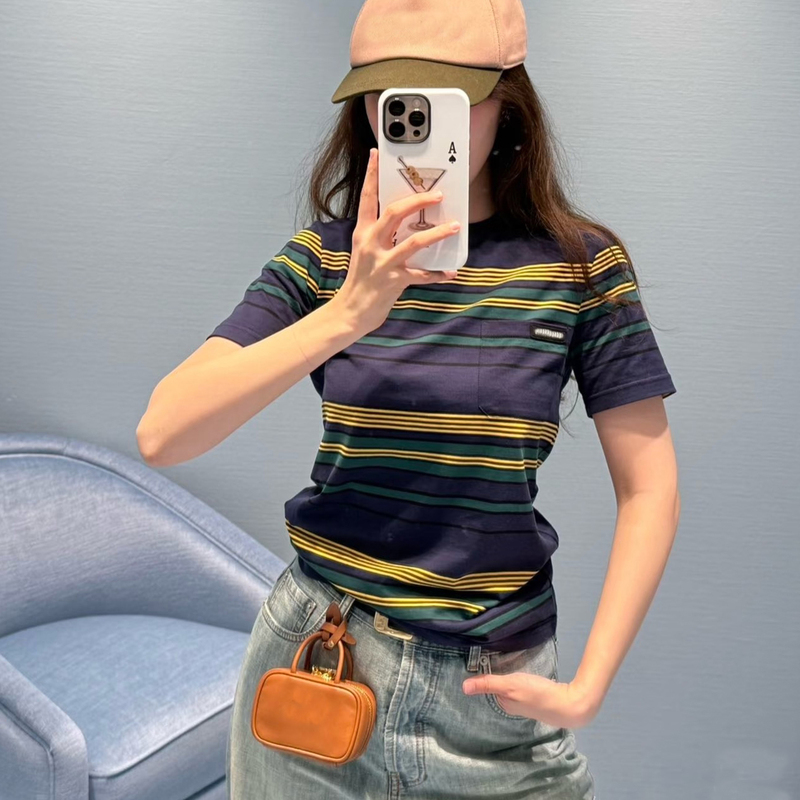 European Station 2026 Spring/Summer New Color-Block Striped Short-Sleeve T-Shirt for Women, Summer All-Cotton Round Neck Logo Casual Top