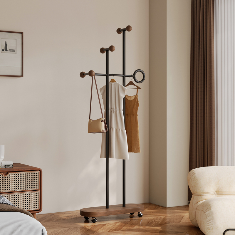 Medieval-Style Solid Wood Coat Rack, Movable Clothes Rack for Bedroom, Small Apartment Living Room, Minimalist Floor-Standing Clothes Rack