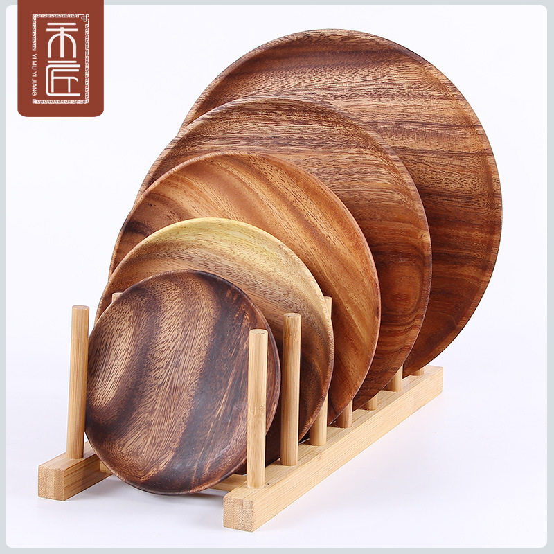Solid wood new texture tray acacia wood round fruit plate log plate dried fruit snack snack plate simple tea plate