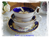 (UK) 1830-41 John Ridgway cobalt blue hand painted gold flowers two cups a plate