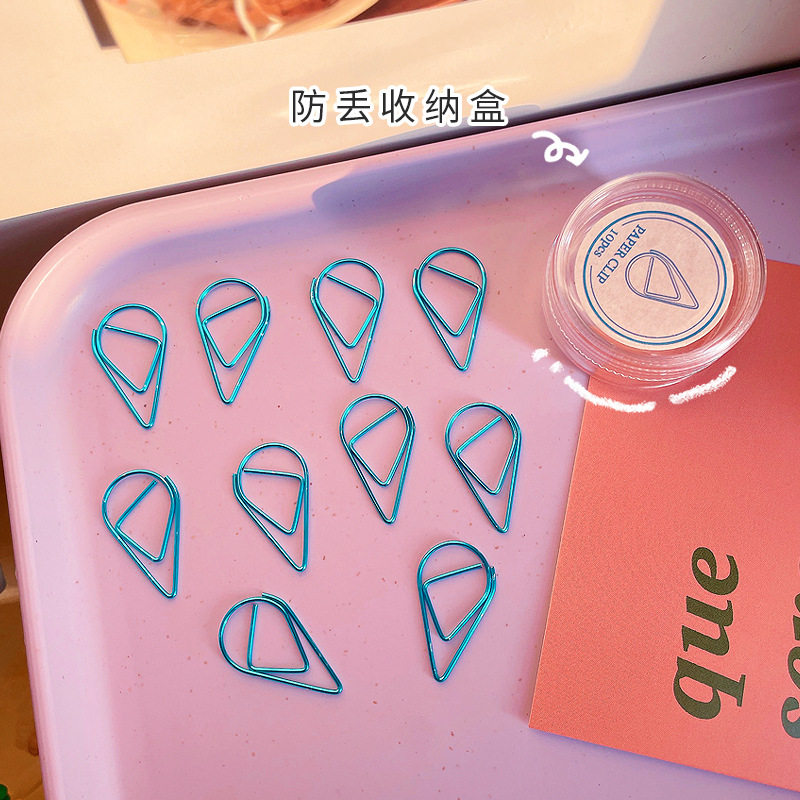 Creative metal water drop shaped paper clips, cute golden paper clips, office supplies, special-shaped bookmarks, clips