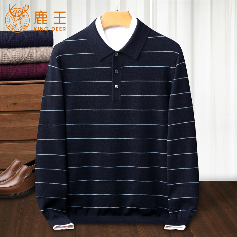 Luwang Cashmere Sweater for Men 100% Pure Cashmere Striped Lapel Knitwear Sweater for Spring and Autumn Base Layer Wool Sweater