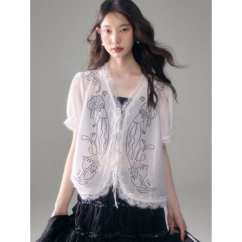 Youeruare Original Design Summer Celebration Mermaid Print Tencel Linen Lace-Up Short-Sleeve Shirt