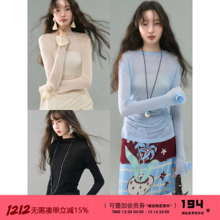 有耳uare原创设计 透明岛屿 玫瑰盘花天丝微透针织打底T恤上衣