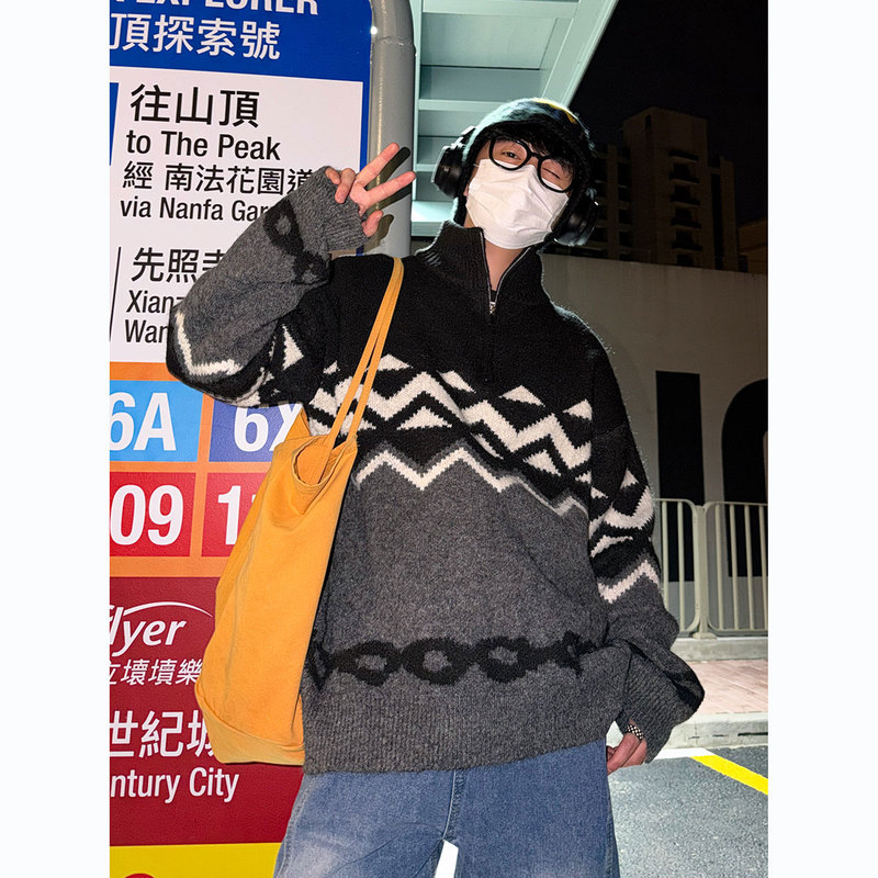 Autumn Half-Zip Stand-Up Collar Retro Jacquard Sweater for Men, Autumn and Winter Style Couple's Outfit, Loose Casual Knitwear Jacket Autumn Half-Zip Stand-Up Collar Retro Jacquard Sweater for Men, Autumn and Winter Style Couple's Outfit, Loose Casual Knitwear Jacket