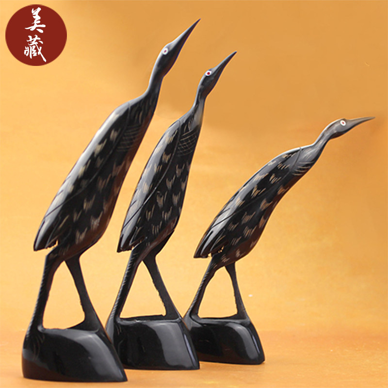 Natural yak horn hand-carved crane ornaments study desk ornaments longevity birthday gifts for elders