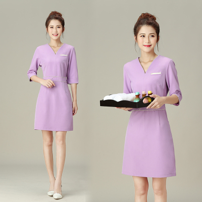 Làm đẹp workclothes mùa hè 2019 mới hút đàn hồi mỏng của phụ nữ mồ hôi thở sức khỏe nhà váy quần áo kỹ thuật viên