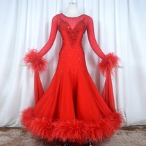 Red Phoenix Custom Ostrich Hair Style Red Morden Dance Competition Dress Waltz Tango Fox Walk Out 1002