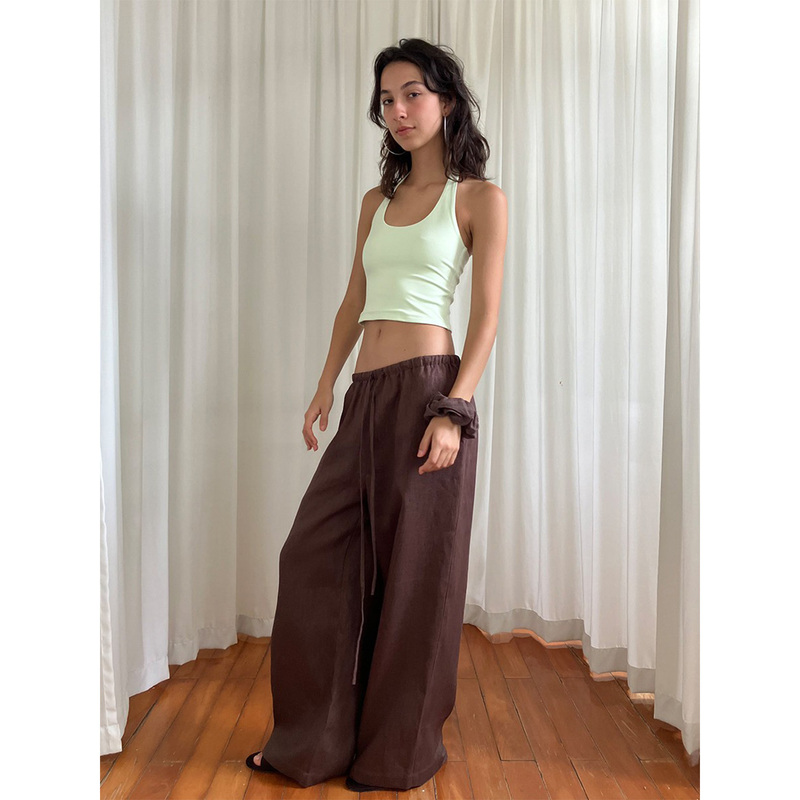 Jaquanxu 100% Natural Linen Summer Elastic Waist Drawstring Straight Loose Wide-Leg Pants Jaquanxu 100% Natural Linen Summer Elastic Waist Drawstring Straight Loose Wide-Leg Pants