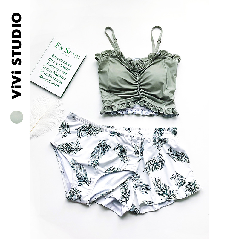 viviStudio Summer Bean Paste Green Little Sexy Swimsuit Three-Piece Set High Waist Personality Girls Swimsuit