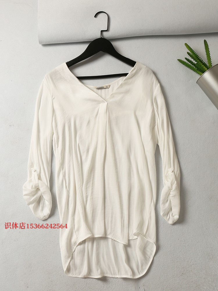 18051415 识 体 店 Tây Ban Nha V-cổ sleeveable rắn màu hem bất đối xứng thời trang áo sơ mi lỏng lẻo phụ nữ áo sơ mi học sinh
