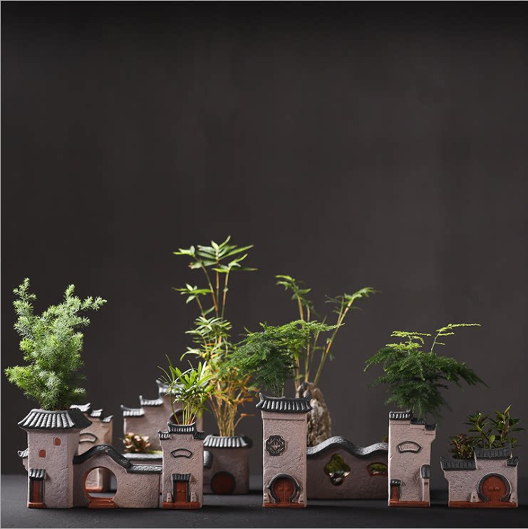 Jiangnan people's house Coarse pottery flower pot Flower pot Chinese style Hui School architecture Wenzhu micro landscape bonsai accessories