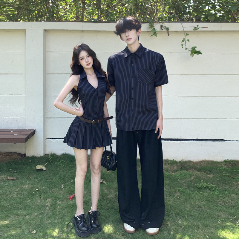 American-Style Striped Short-Sleeved Shirt Couple Outfit, One Skirt and One Shirt, French-Style High-End Halter Neck Waist-Cinching Sleeveless Dress for Summer