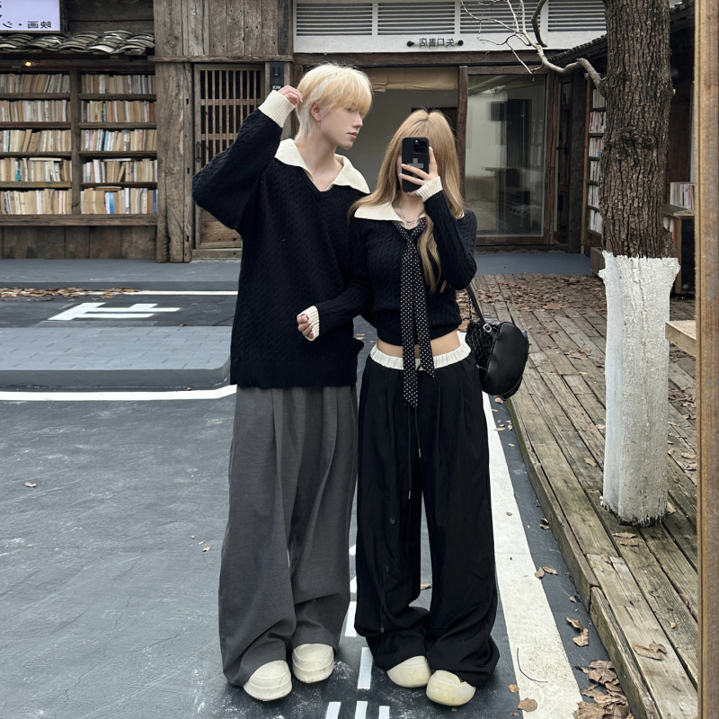 Korean-Style Polo Collar Faux Two-Piece Cable Knit Pullover Sweater for Men and Women, Couple's Outfit, 2026 Autumn and Winter, One Long and One Short Knitwear