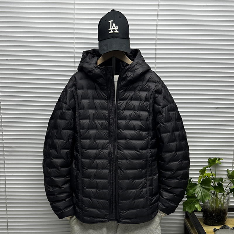 Embossed Ribbed Hooded 90% Duck down Jacket for Men, Winter Lightweight Oversized Loose-Fit Sports Coat for Big and Tall Individuals, Trendy