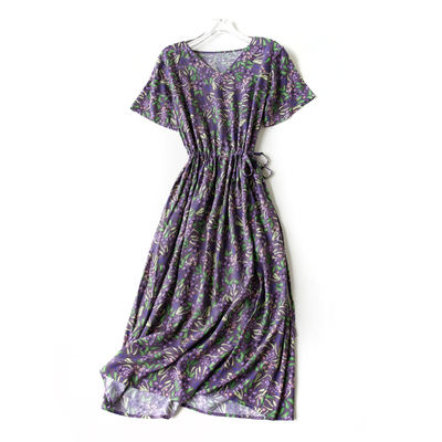 Loss-making special offer: Fashionable and elegant cotton silk dress with floral prints, lace-up, cinched waist, loose and slimming V-neck cotton silk