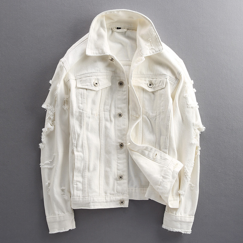 Original Ripped Denim Jacket for Men, Korean Style, Trendy, Slim Fit, Street Style, Cool and Handsome, Casual White Denim Jacket