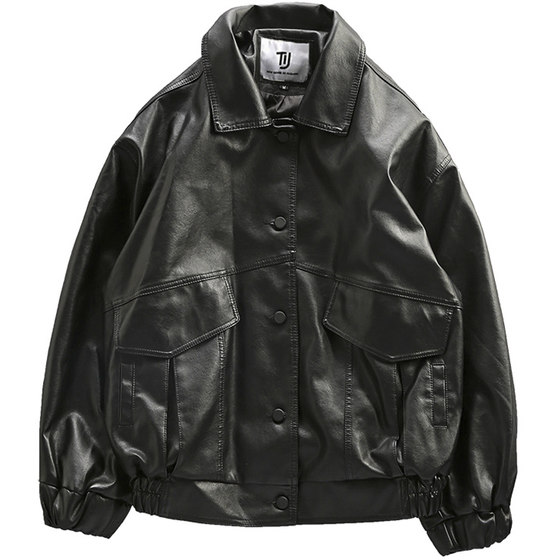 欧美潮流徽章刺绣皮衣外套男加绒加厚痞帅宽松情侣机车服PU皮夹克