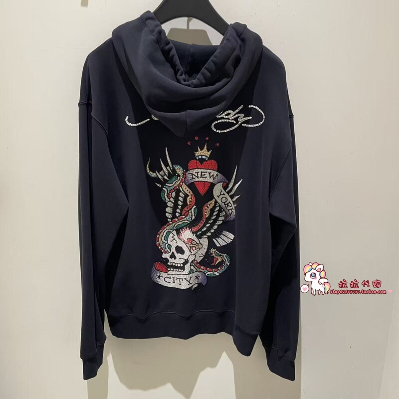 Ed Hardy Trendy Brand Genuine Product 2024 Autumn Men's Printed Rhinestone Zipper Sweatshirt E1Qdm110