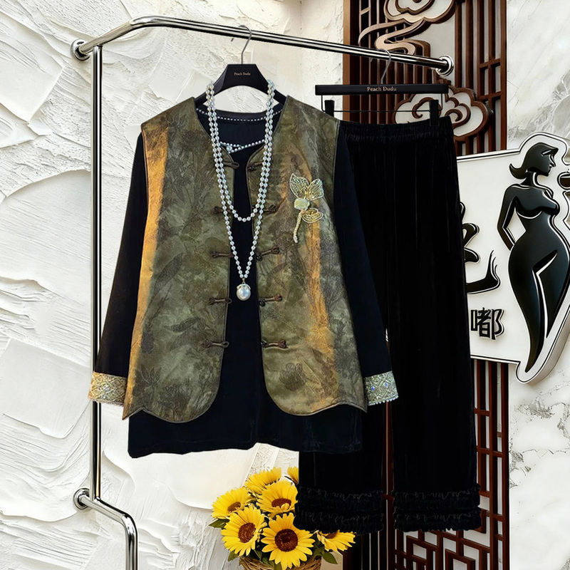 New Chinese-Style Plus-Size Women's Clothing 2026 Spring New High-End Versatile Velvet Vest Three-Piece Set for Plus-Size Women